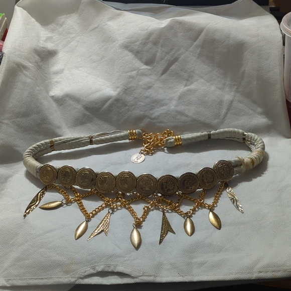 Gold Tone White Leather Faux Coin Dangle Statement Belt Waist Chain Belly Chain